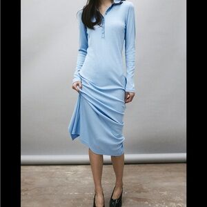 Elegant light Blue Long Sleeve Collared Dress